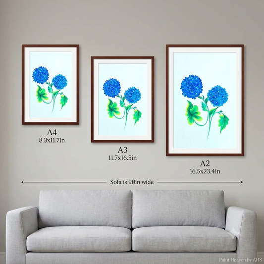 Blue Hydrangea Cluster printable wall art shown at actual print size for scale