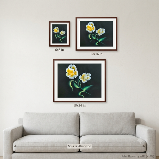 Golden-Yellow Accent White Flowers printable wall art shown at actual print size for scale