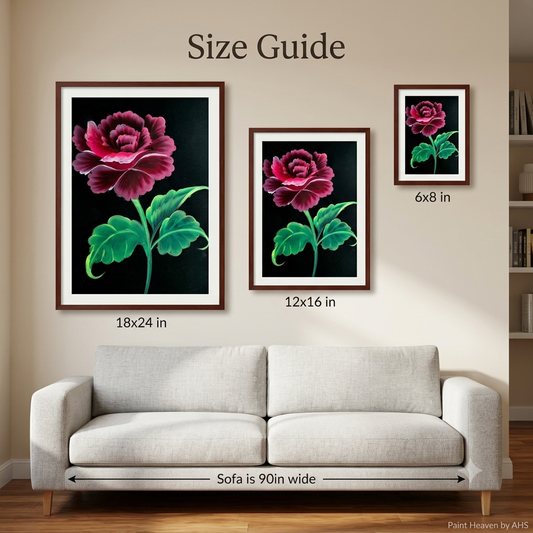 Dramatic Red Rose printable wall art shown at actual print size for scale