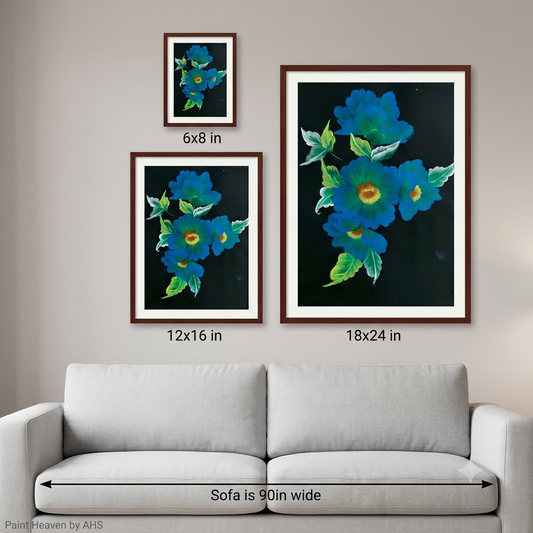 Blue Floral Bouquet printable wall art shown at actual print size for scale