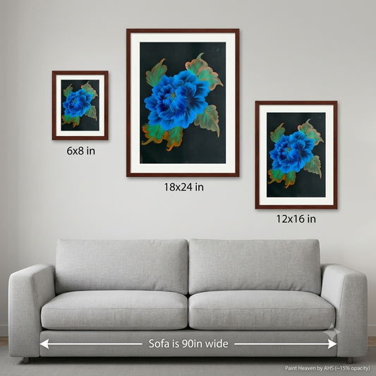 Vibrant Blue Petals printable wall art shown at actual print size for scale