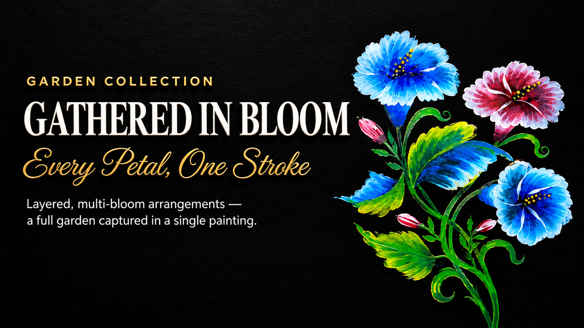 Gathered in Bloom garden collection banner featuring one-stroke floral paintings