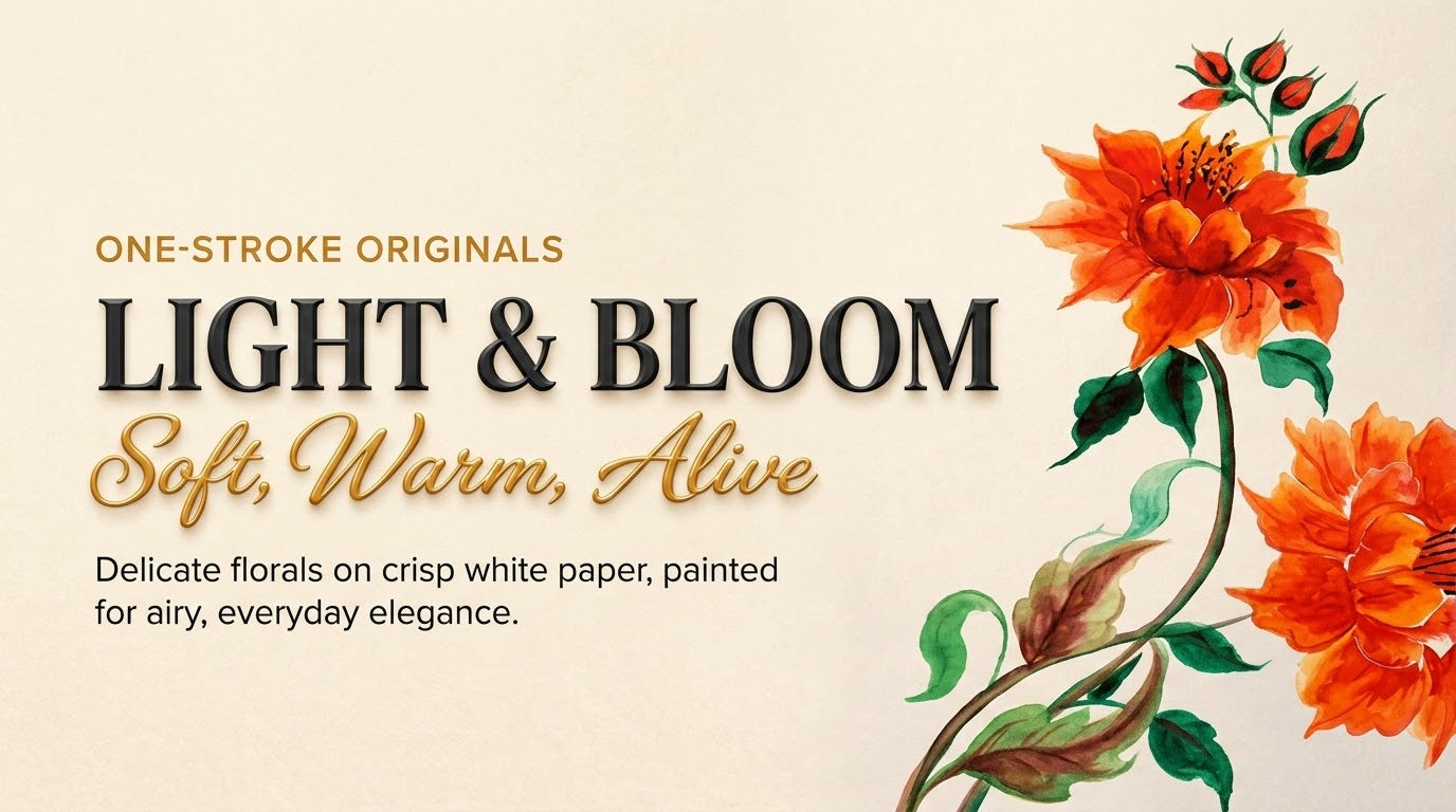 Light & Bloom collection banner with warm orange florals on crisp white background