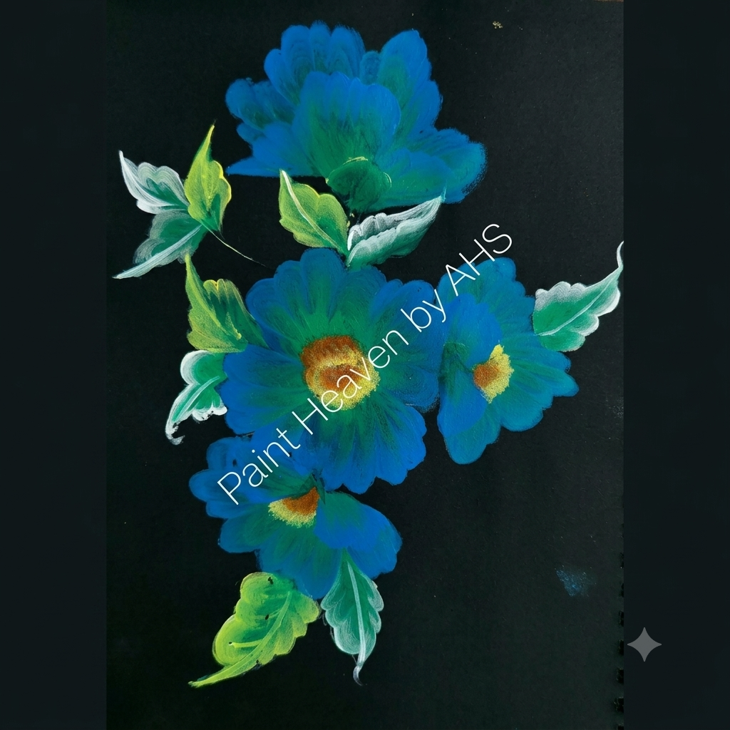 Blue Floral Bouquet one-stroke painting on black paper, printable wall art
