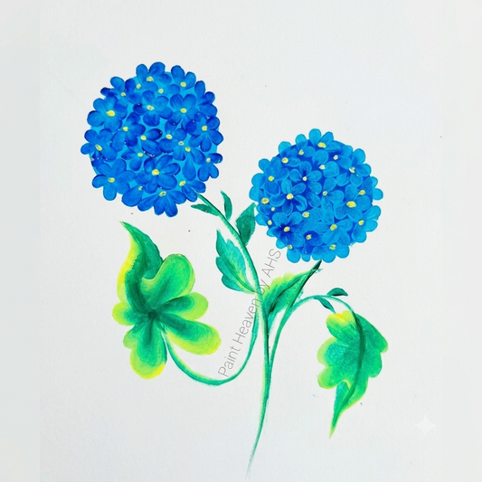 Blue Hydrangea Cluster one-stroke painting on white paper, printable wall art
