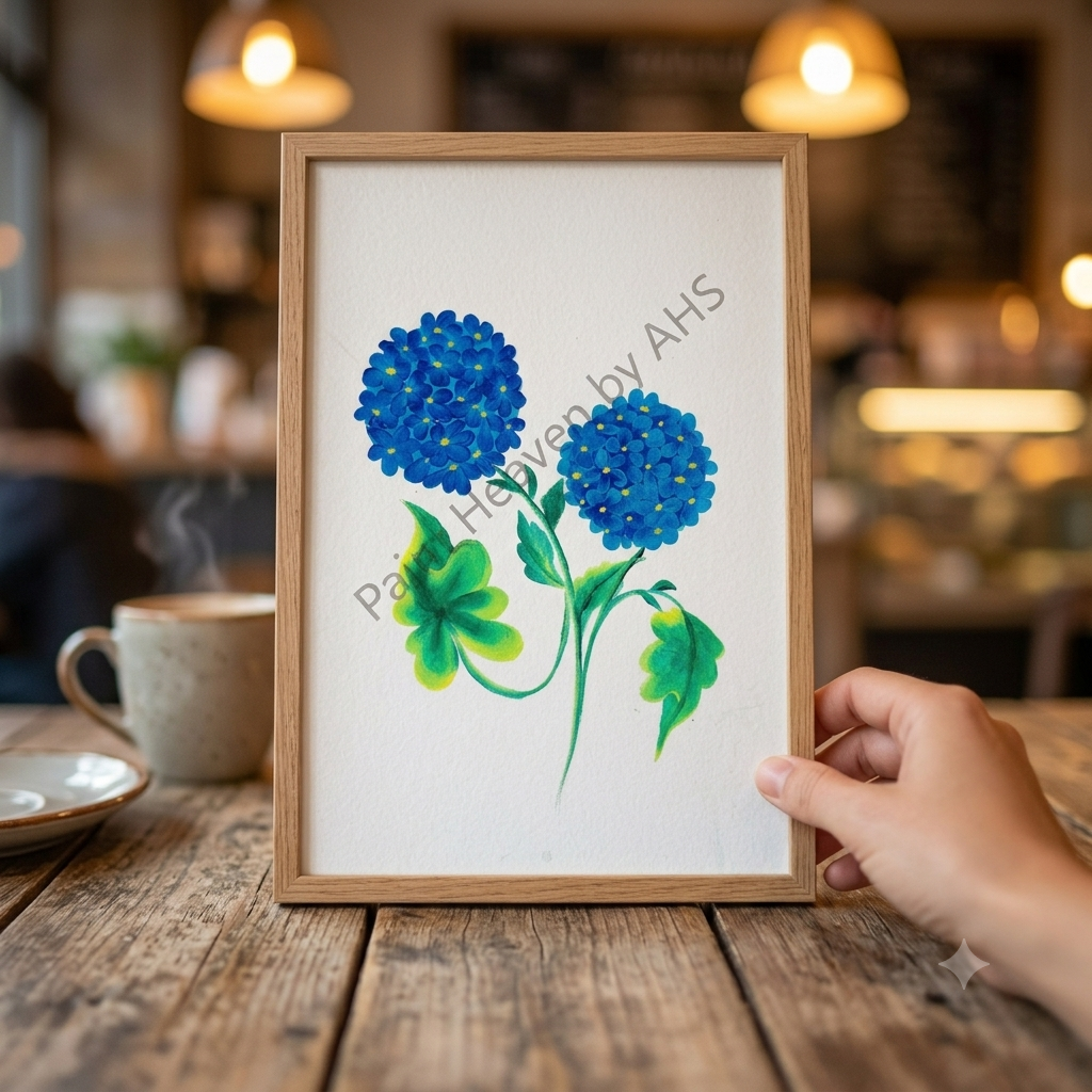 Blue Hydrangea Cluster framed art print displayed on a table

