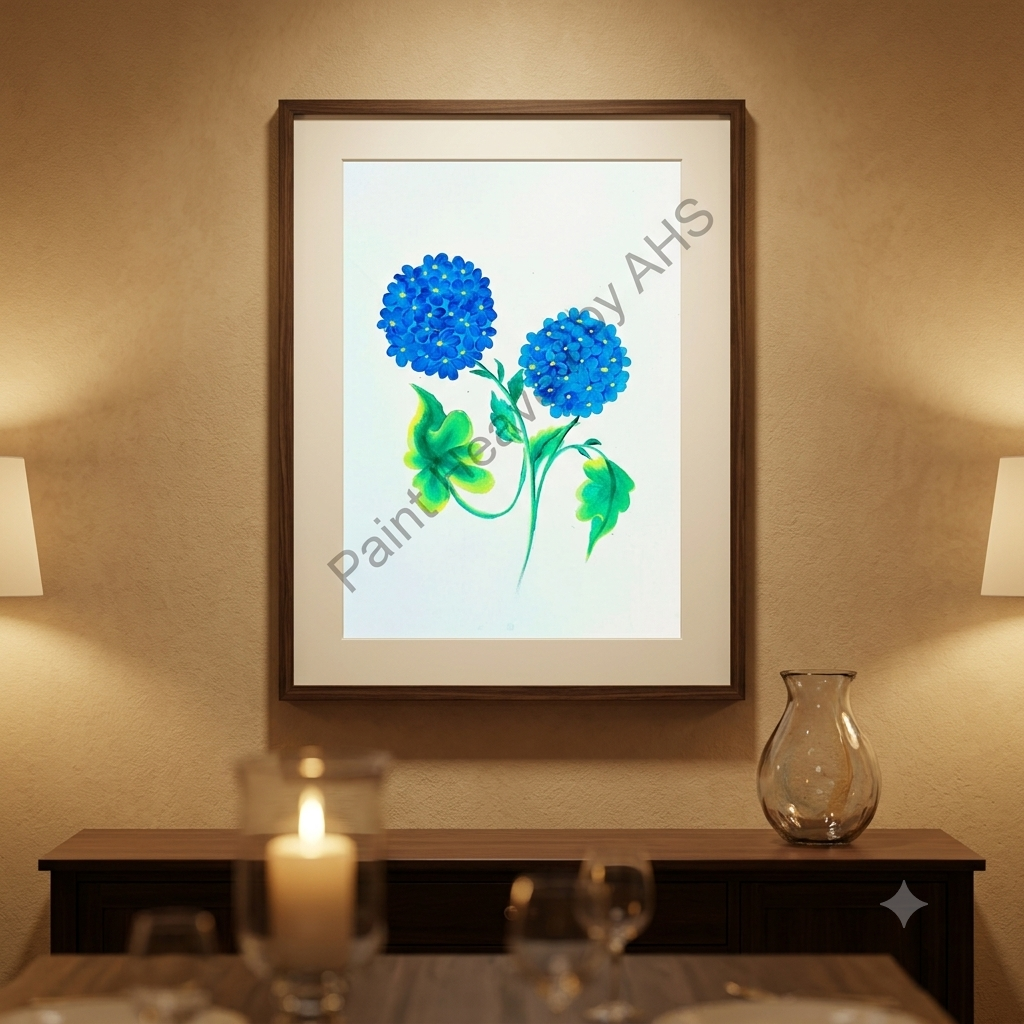 Blue Hydrangea Cluster framed floral print hanging on a living room wall

