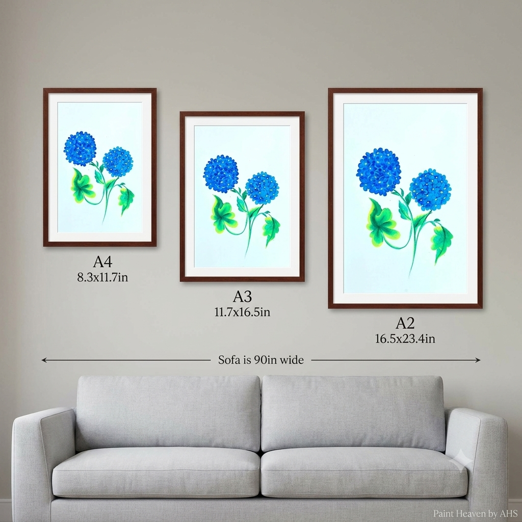 Blue Hydrangea Cluster printable wall art shown at actual print size for scale
