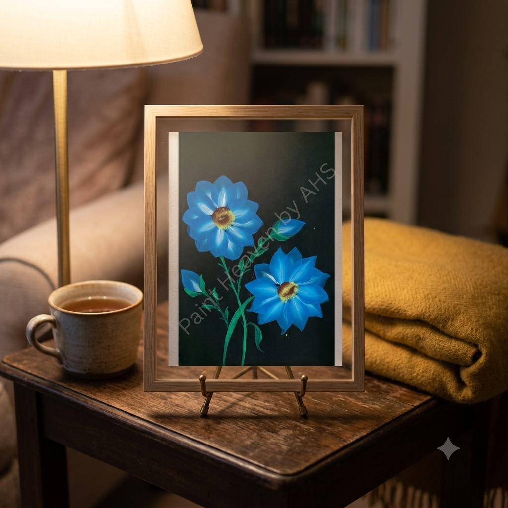Blue Petals framed art print displayed on a table
