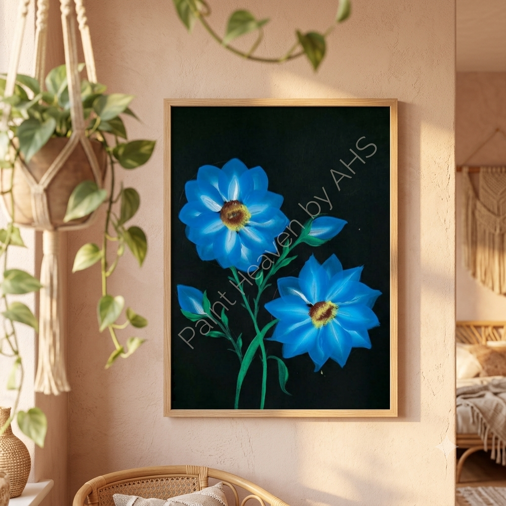  Blue Petals framed floral print hanging on a living room wall
