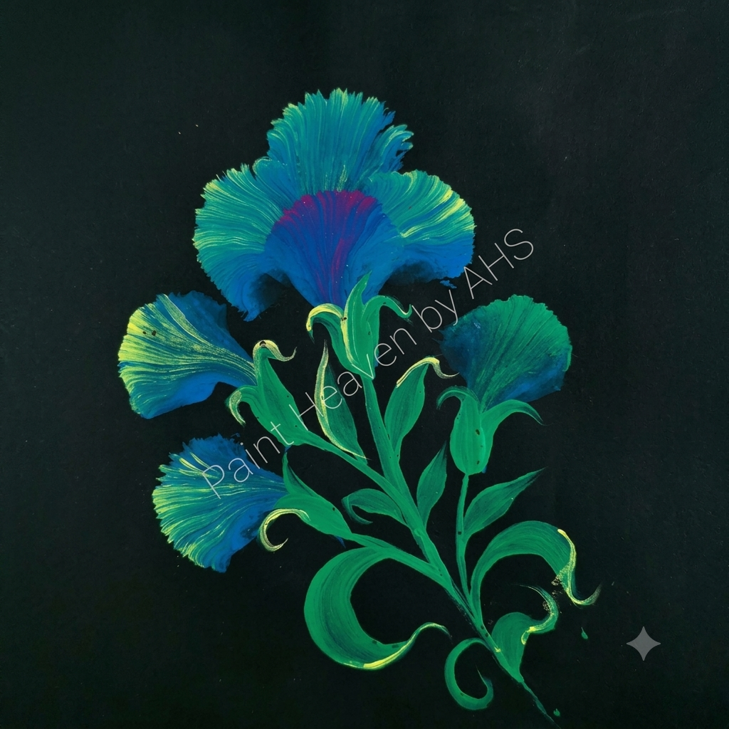 Blue & Pink Hibiscus Mix one-stroke painting on black paper, printable wall art
