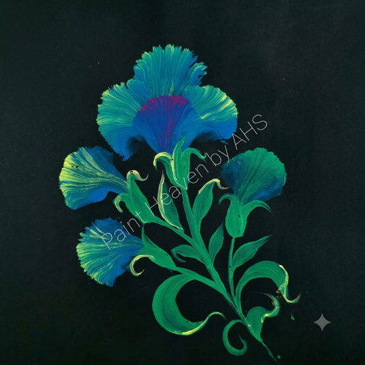 Blue & Pink Hibiscus Mix one-stroke painting on black paper, printable wall art
