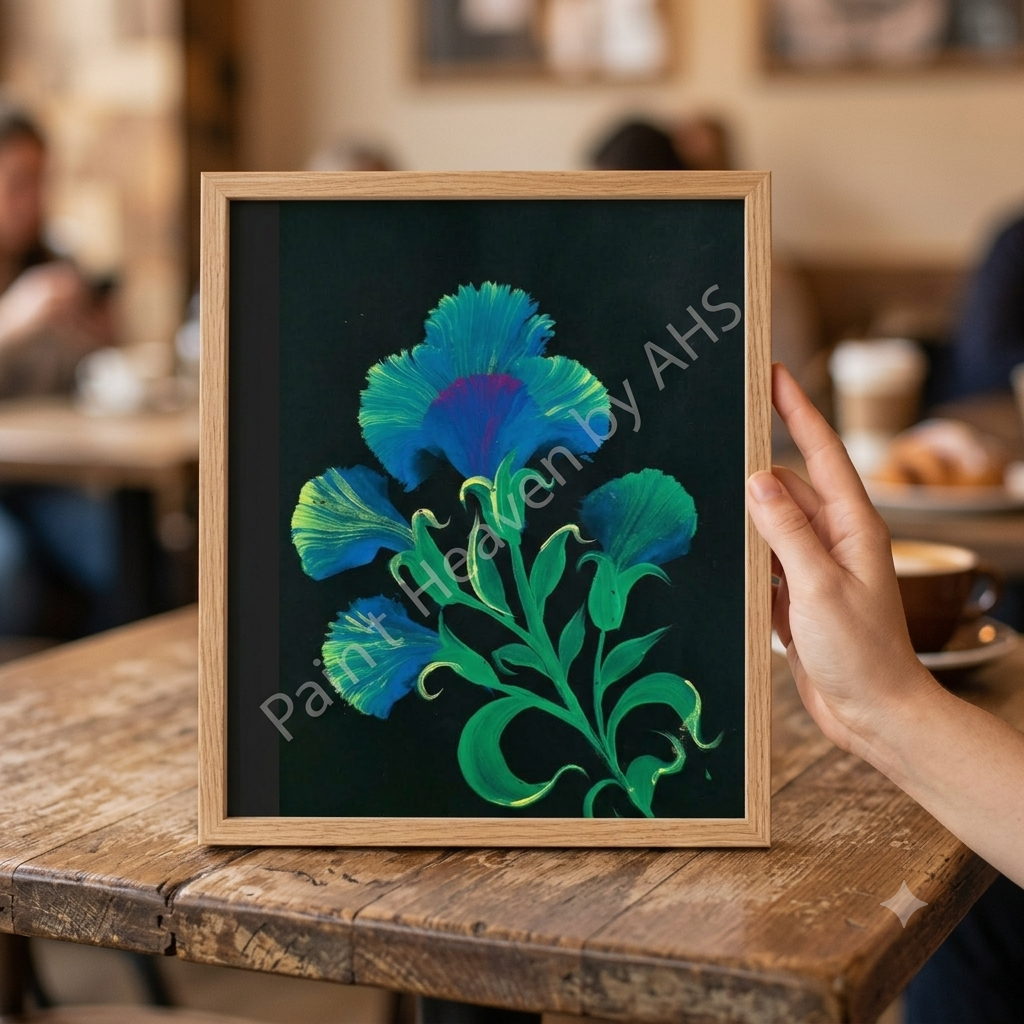Blue & Pink Hibiscus Mix framed art print displayed on a table
