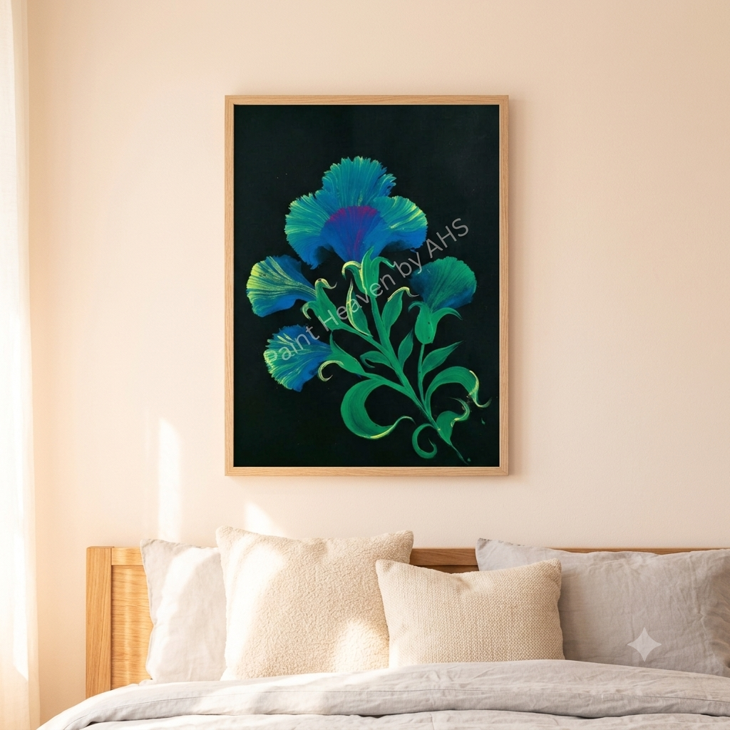 Blue & Pink Hibiscus Mix framed floral print hanging on a living room wall

