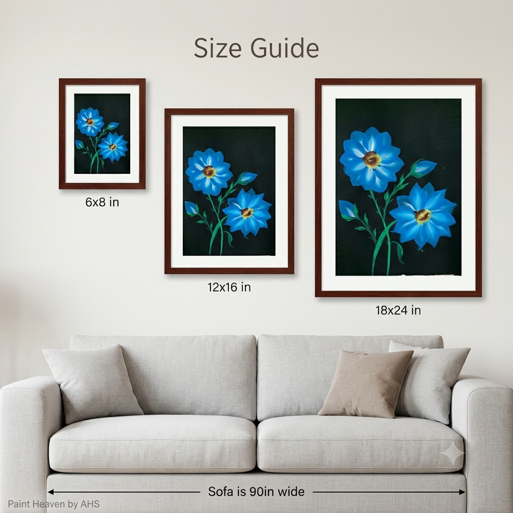 Blue Petals with printable wall art shown at actual print size for scale
