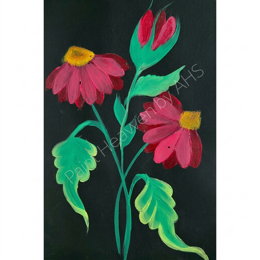Bright Red Cone flowers with Buds one-stroke painting on black paper, printable wall art
