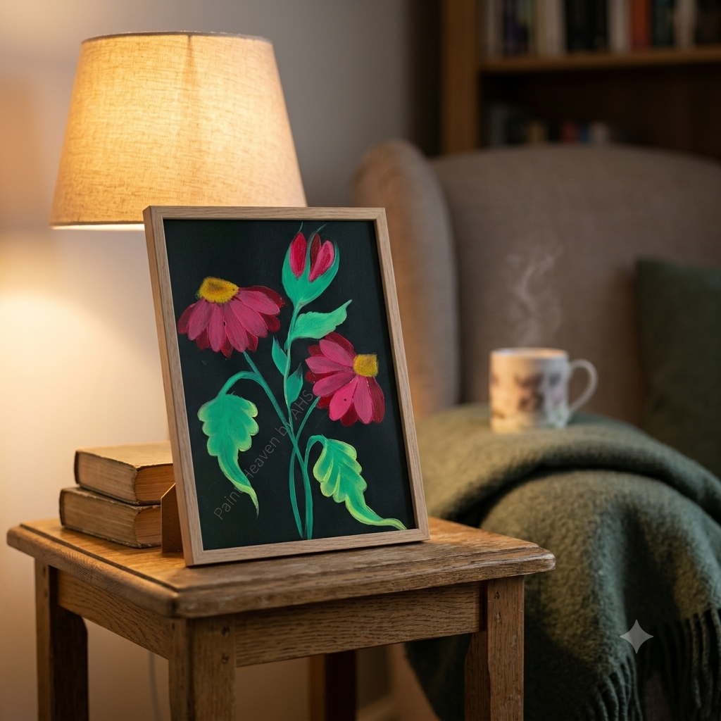 Bright Red Cone flowers with Buds framed art print displayed on a table
