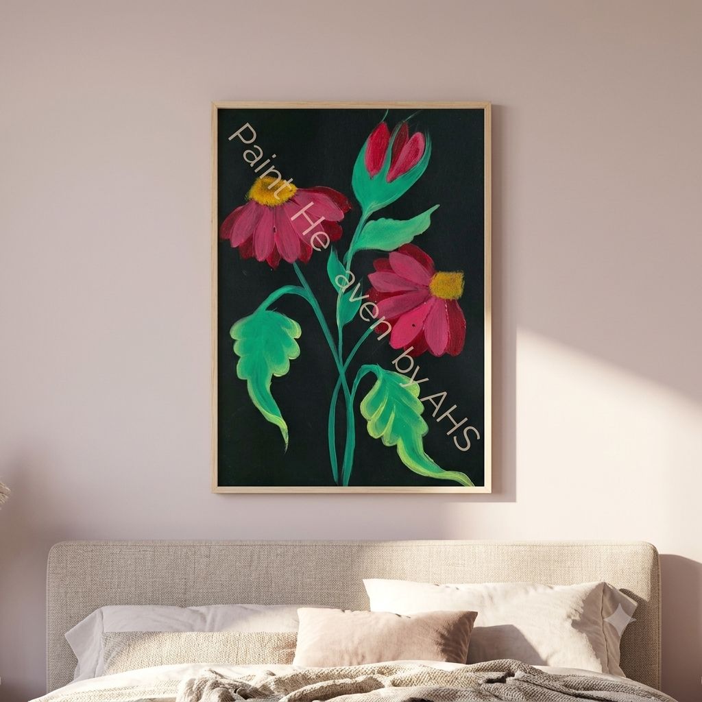 Bright Red Cone flowers with Buds framed floral print hanging on a living room wall
