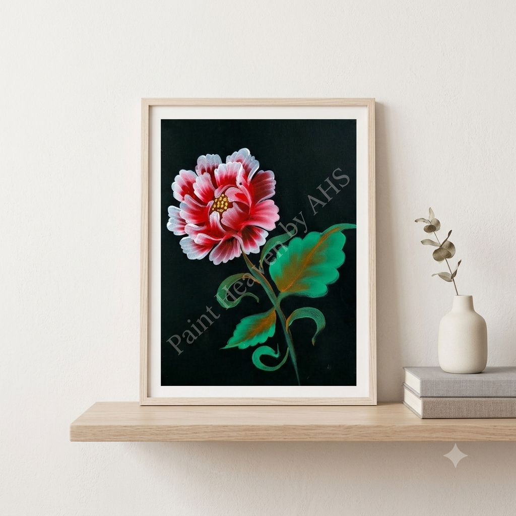 Deep Crimson Open Rose framed art print displayed on a table
