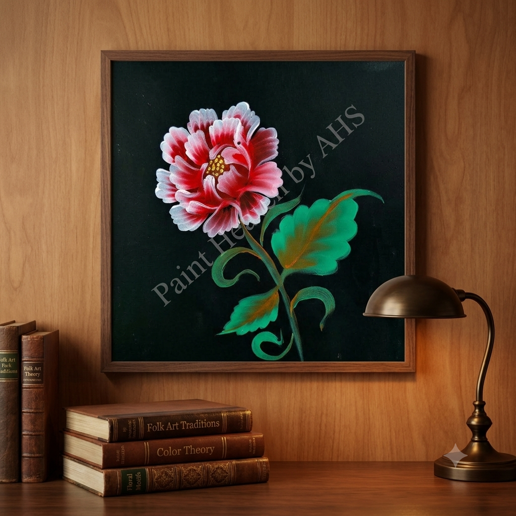 Deep Crimson Open Rose framed floral print hanging on a living room wall
