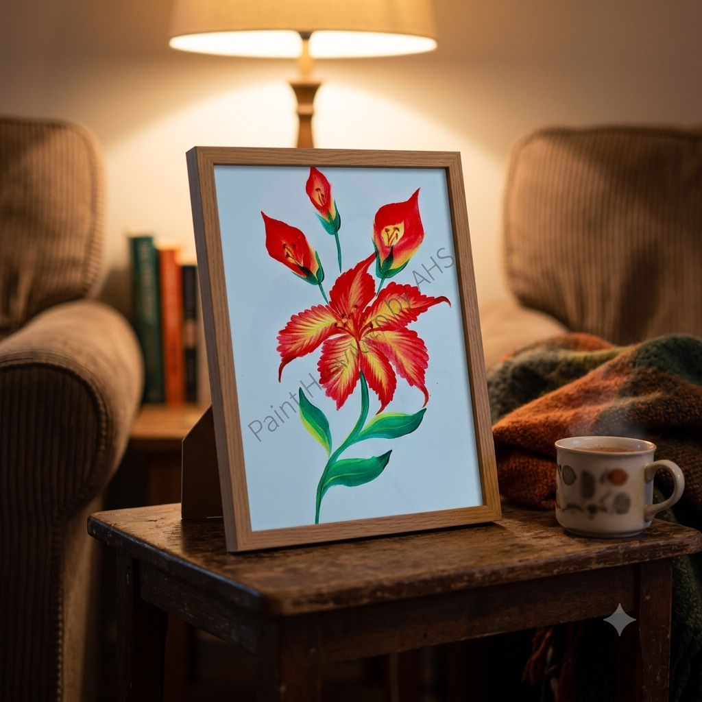 Red Lily with Buds framed art print displayed on a table

