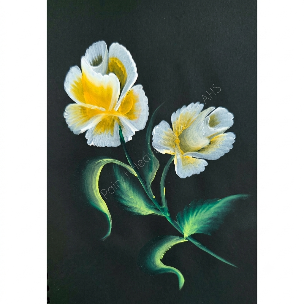 Golden-Yellow Accent White Flowers one-stroke painting on black paper, printable wall art
