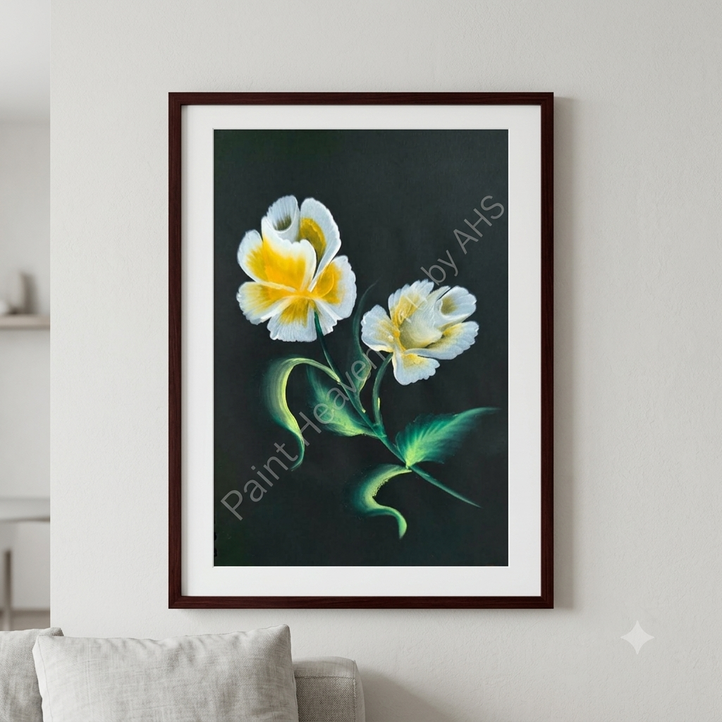 Golden-Yellow Accent White Flowers framed floral print hanging on a living room wall
