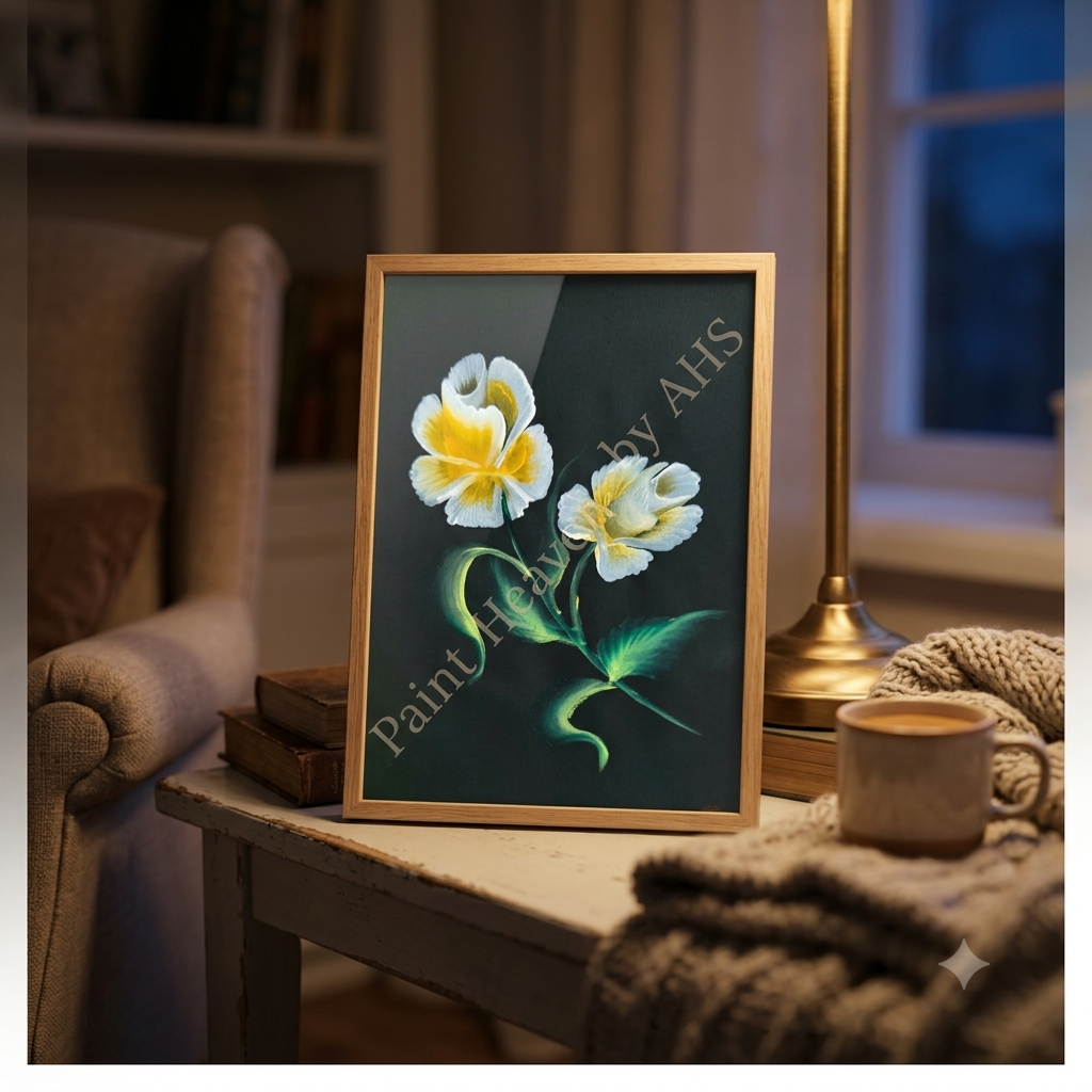 Golden-Yellow Accent White Flowers framed art print displayed on a table
