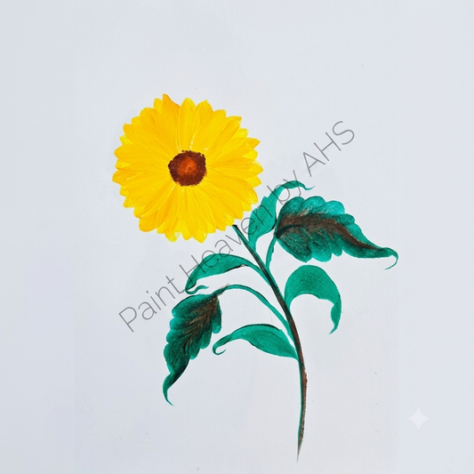 Golden Sunflower one-stroke painting on white paper, printable wall art
