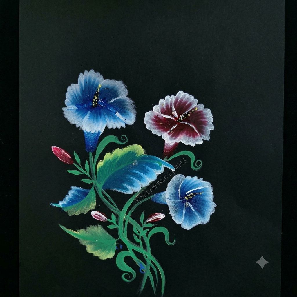 Luminous Blue Flower Cluster on Textured Black Paper one-stroke painting on black paper, printable wall art
