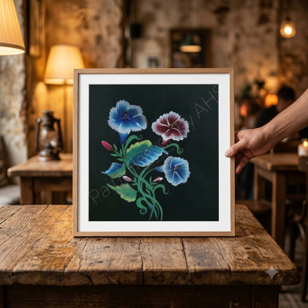 Luminous Blue Flower Cluster on Textured Black Paper framed art print displayed on a table
