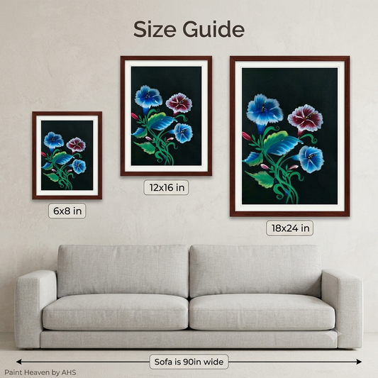  Luminous Blue Flower Cluster on Textured Black Paper printable wall art shown at actual print size for scale
