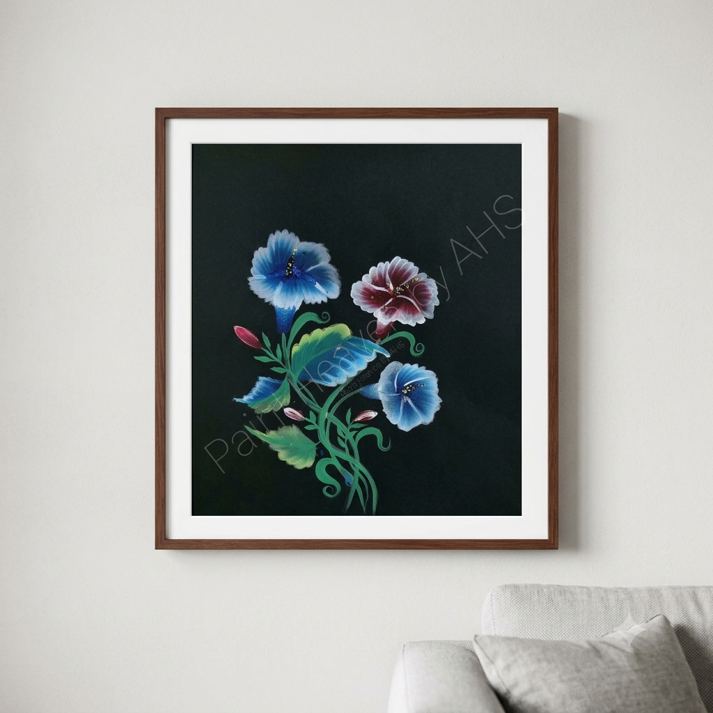 Luminous Blue Flower Cluster on Textured Black Paper framed floral print hanging on a living room wall
