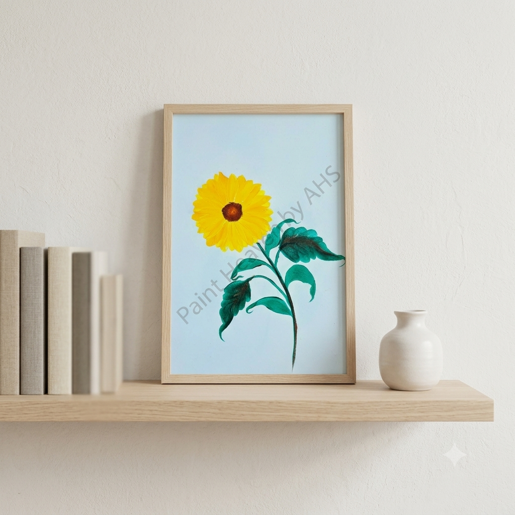 Golden Sunflower framed art print displayed on a table
