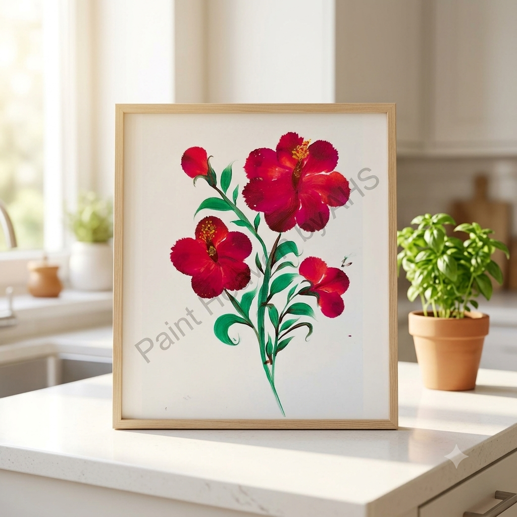 Rich Red Hibiscus Cluster framed art print displayed on a table
