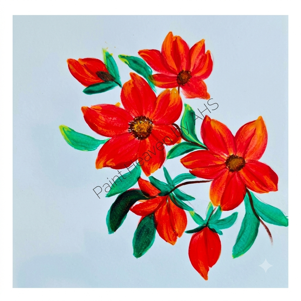 Bright Orange Florals with Buds one-stroke painting on white paper, printable wall art
