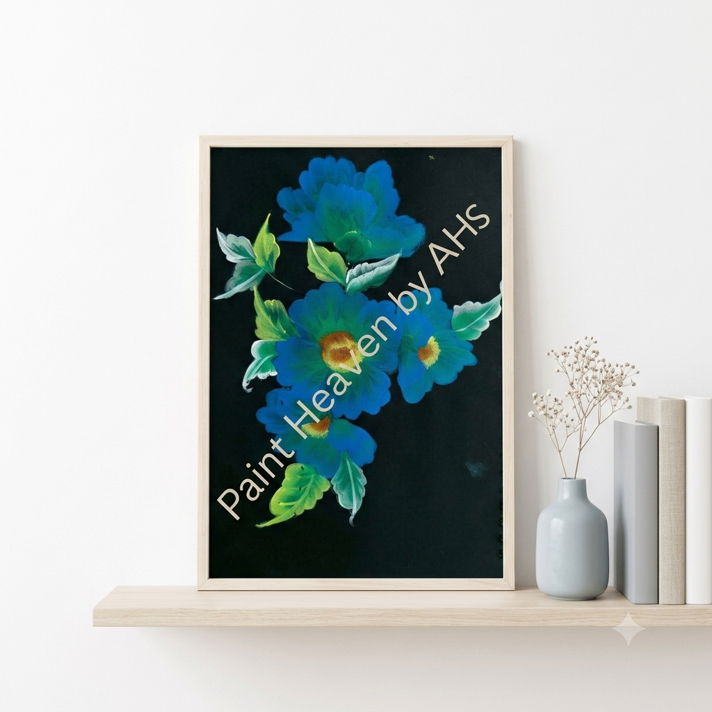 Blue Floral Bouquet framed art print displayed on a table

