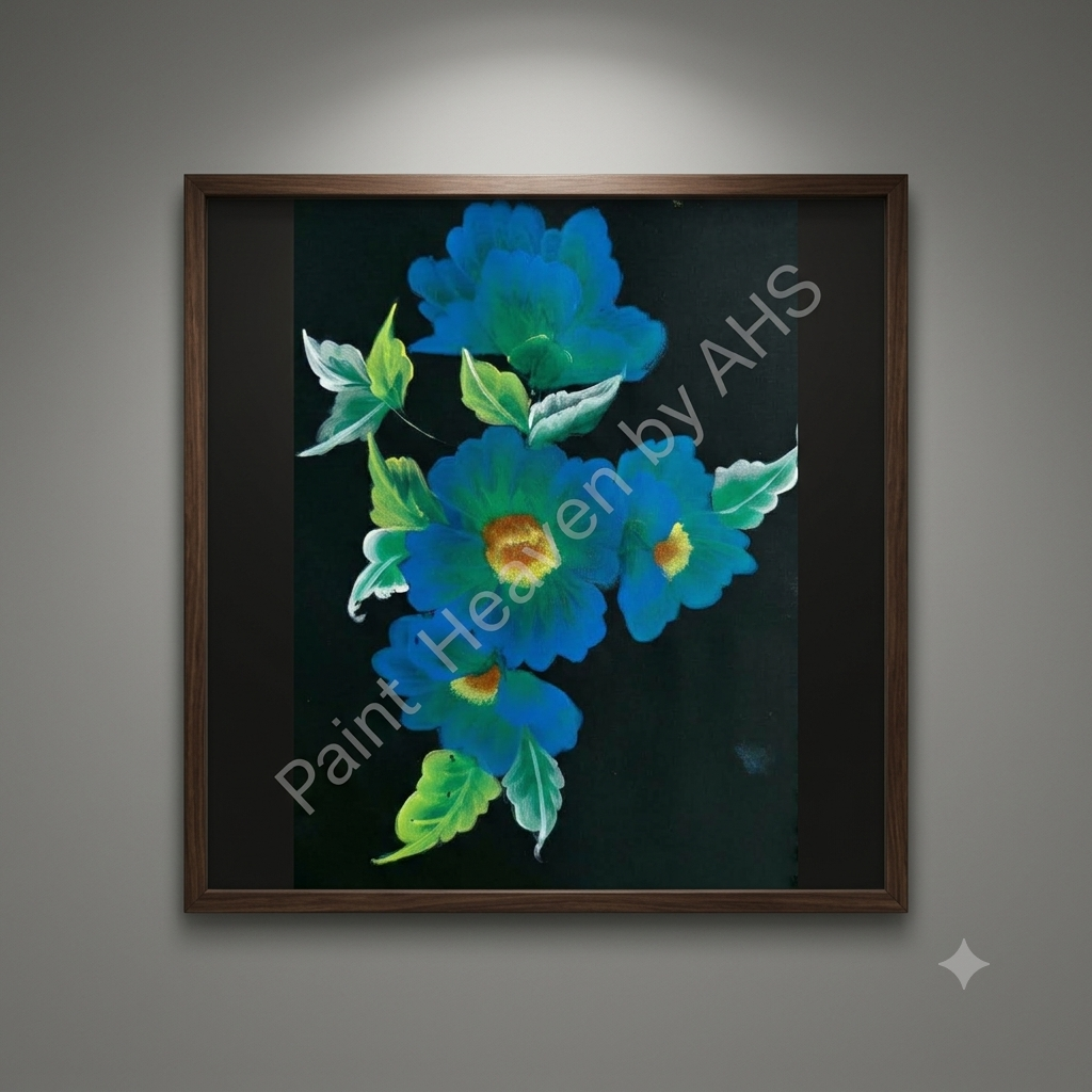 Blue Floral Bouquet framed floral print hanging on a living room wall

