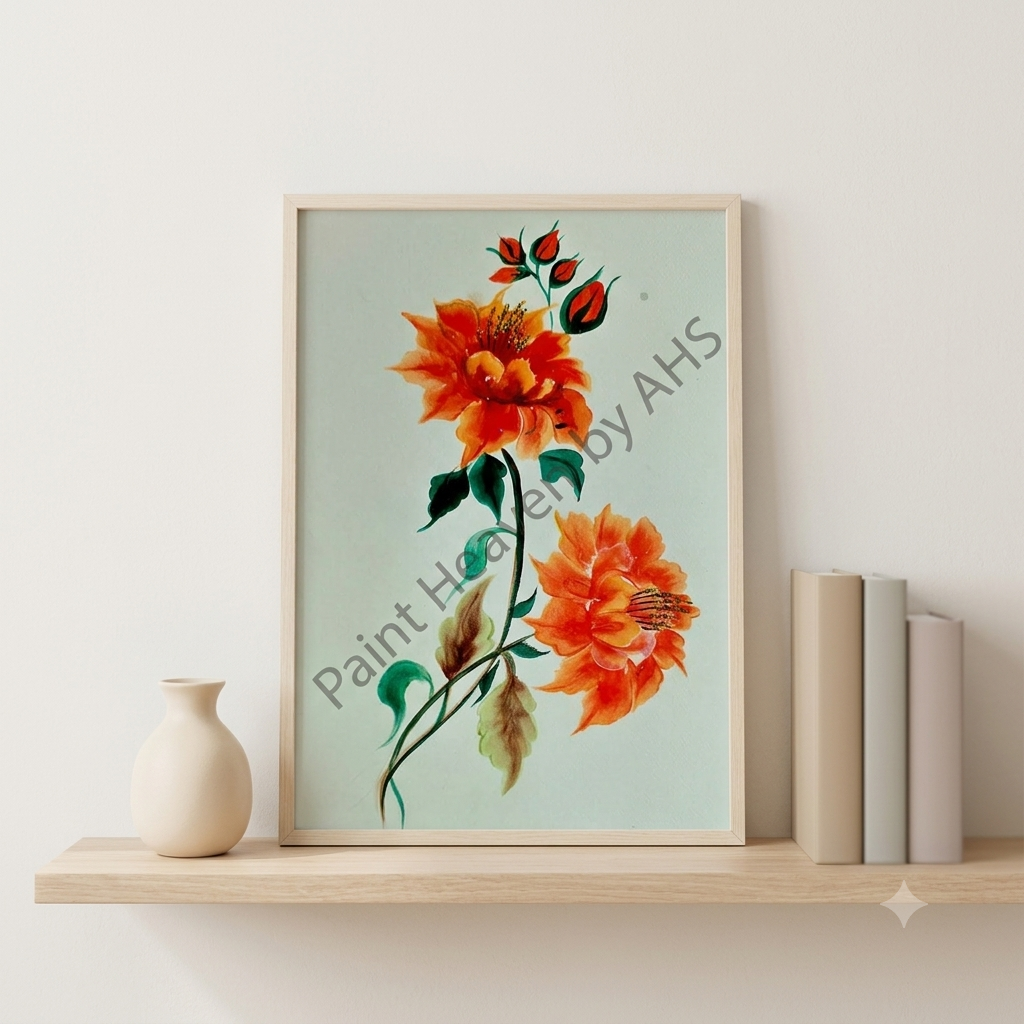 Warm Orange Florals framed art print displayed on a table
