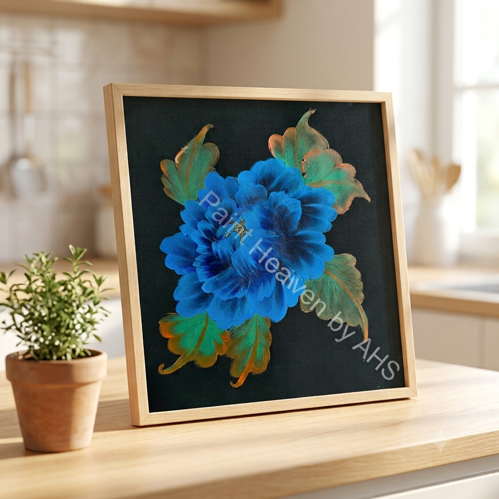 Vibrant Blue Petals framed art print displayed on a table
