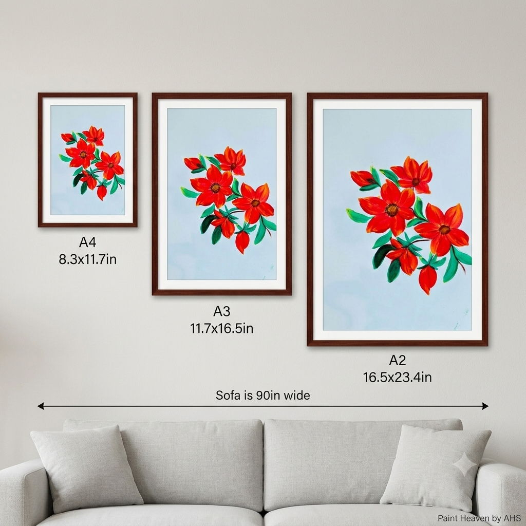 Bright Orange Florals with Buds printable wall art shown at actual print size for scale
