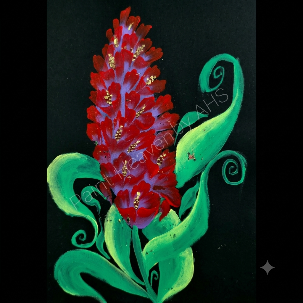 Red Gladiolus on Black Paper (Vibrant red and purple blooms, lush green leaves, dark background) one-stroke painting on black paper, printable wall art
