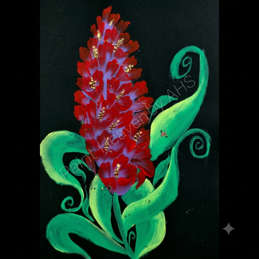 Red Gladiolus on Black Paper (Vibrant red and purple blooms, lush green leaves, dark background) one-stroke painting on black paper, printable wall art
