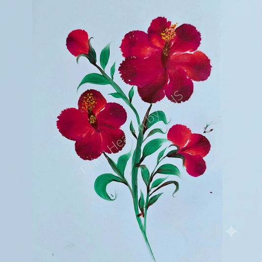 Rich Red Hibiscus Cluster one-stroke painting on white paper, printable wall art
