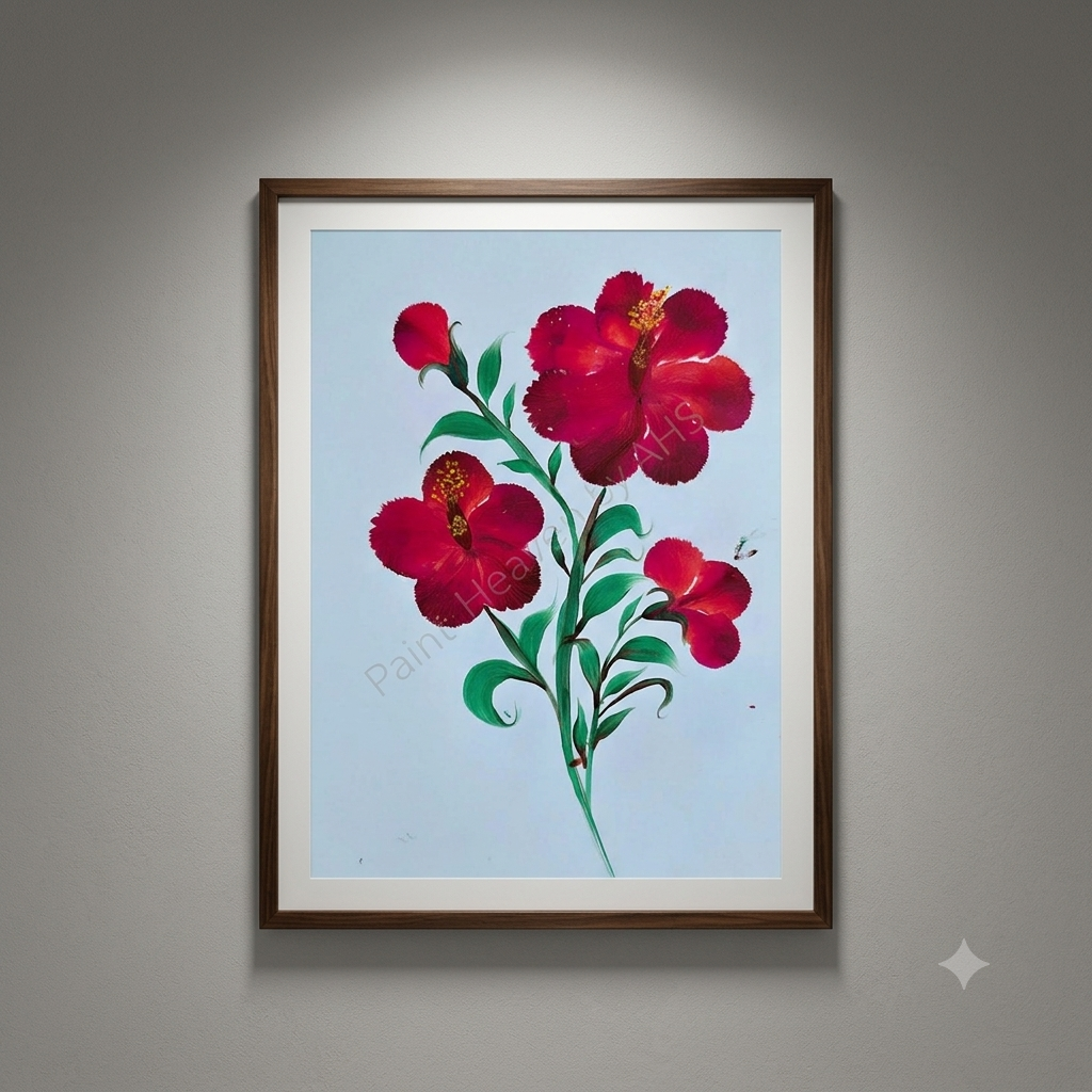 Rich Red Hibiscus Cluster framed floral print hanging on a living room wall
