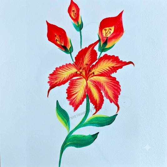 Red Lily with Buds one-stroke painting on white paper, printable wall art
