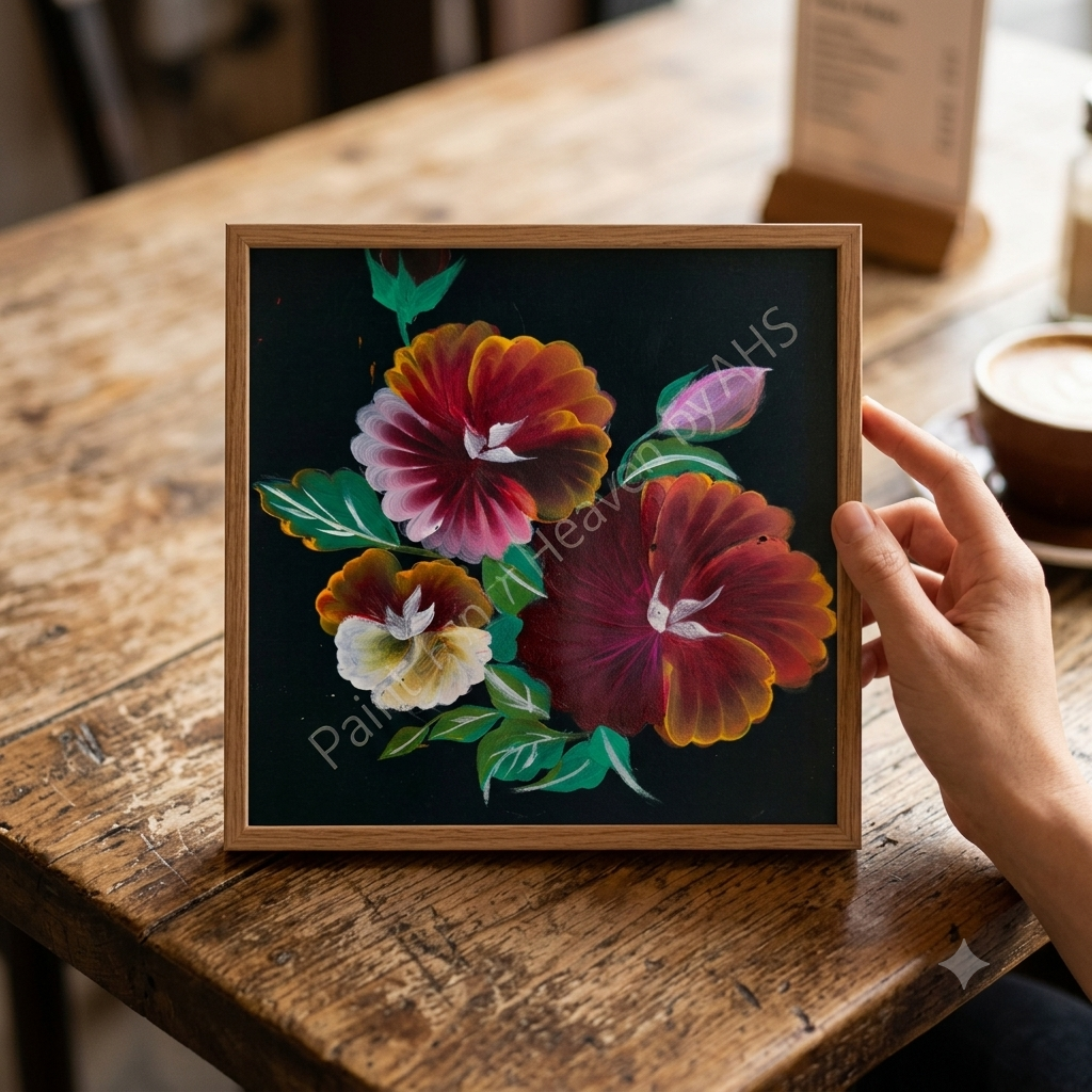 Sunset Red & Pink Floral framed art print displayed on a table
