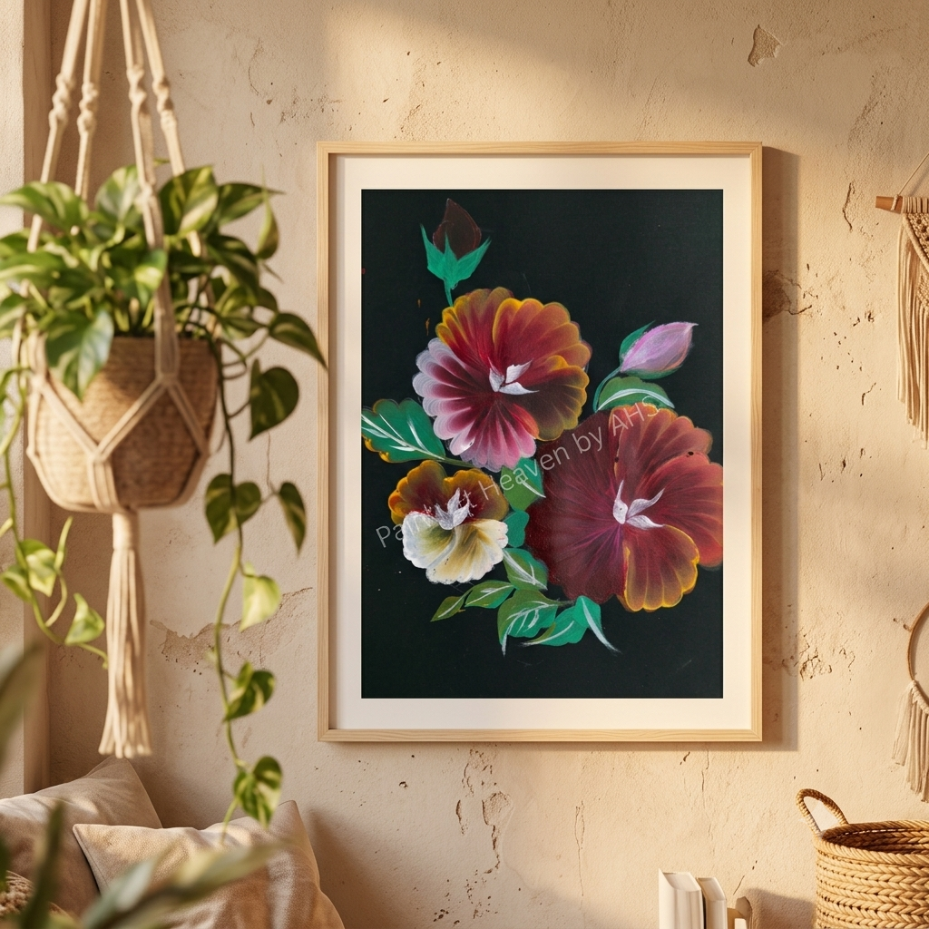 Sunset Red & Pink Florals framed floral print hanging on a living room wall
