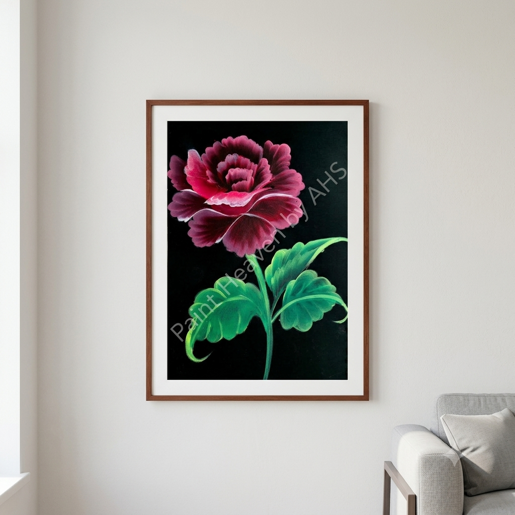 Dramatic Red Rose framed floral print hanging on a living room wall

