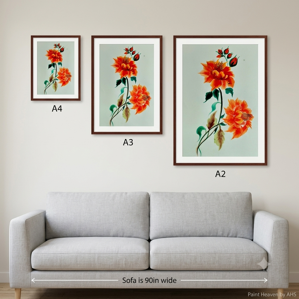 Warm Orange Florals printable wall art shown at actual print size for scale
